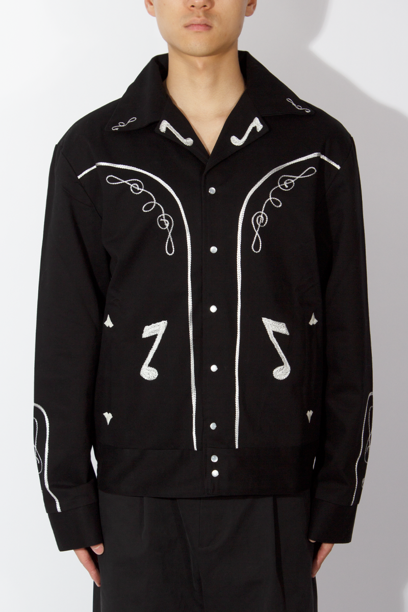 Men&#039;s Vintage Western Bolero Jacket with Musical Notes Embroidery - BLACK