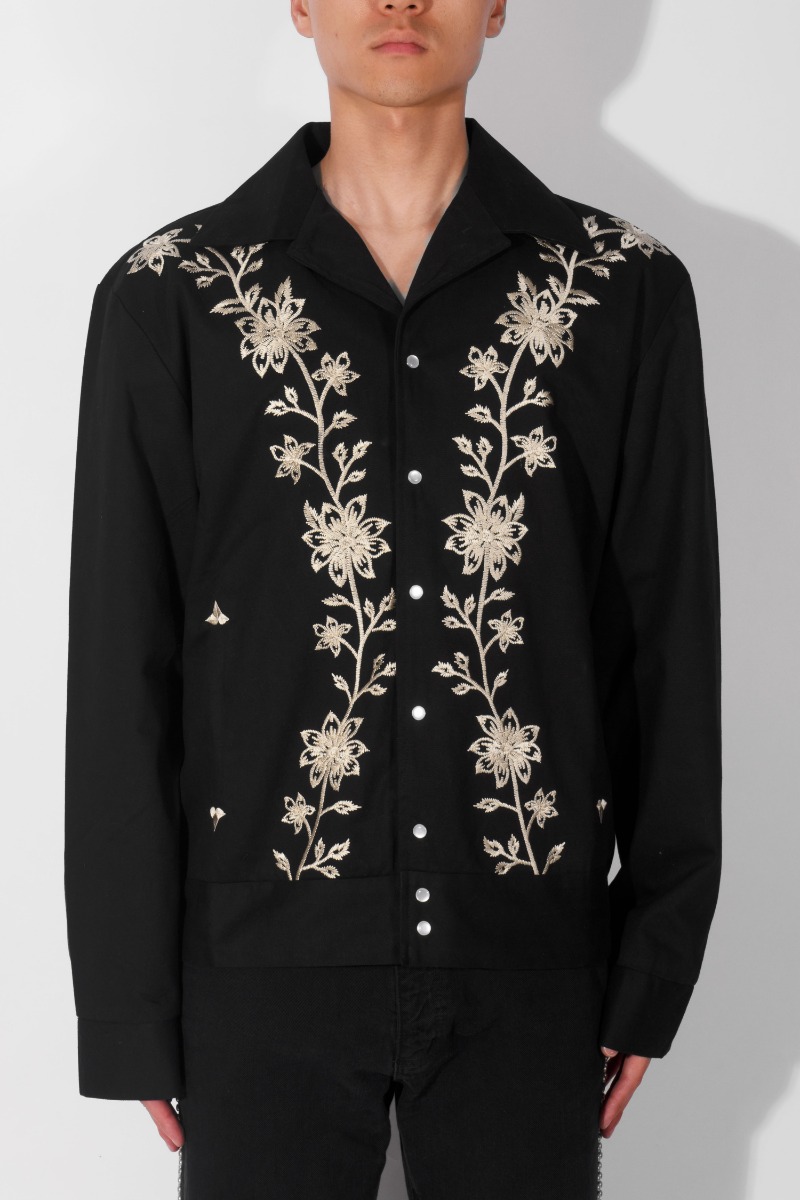 Men’s Vintage Western Bolero Jacket with Ivory Floral Embroidery - BLACK
