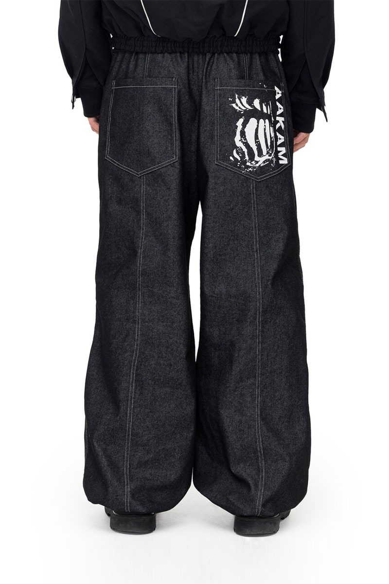 Knee Pin-tuck Printed Denim Pants (Black)