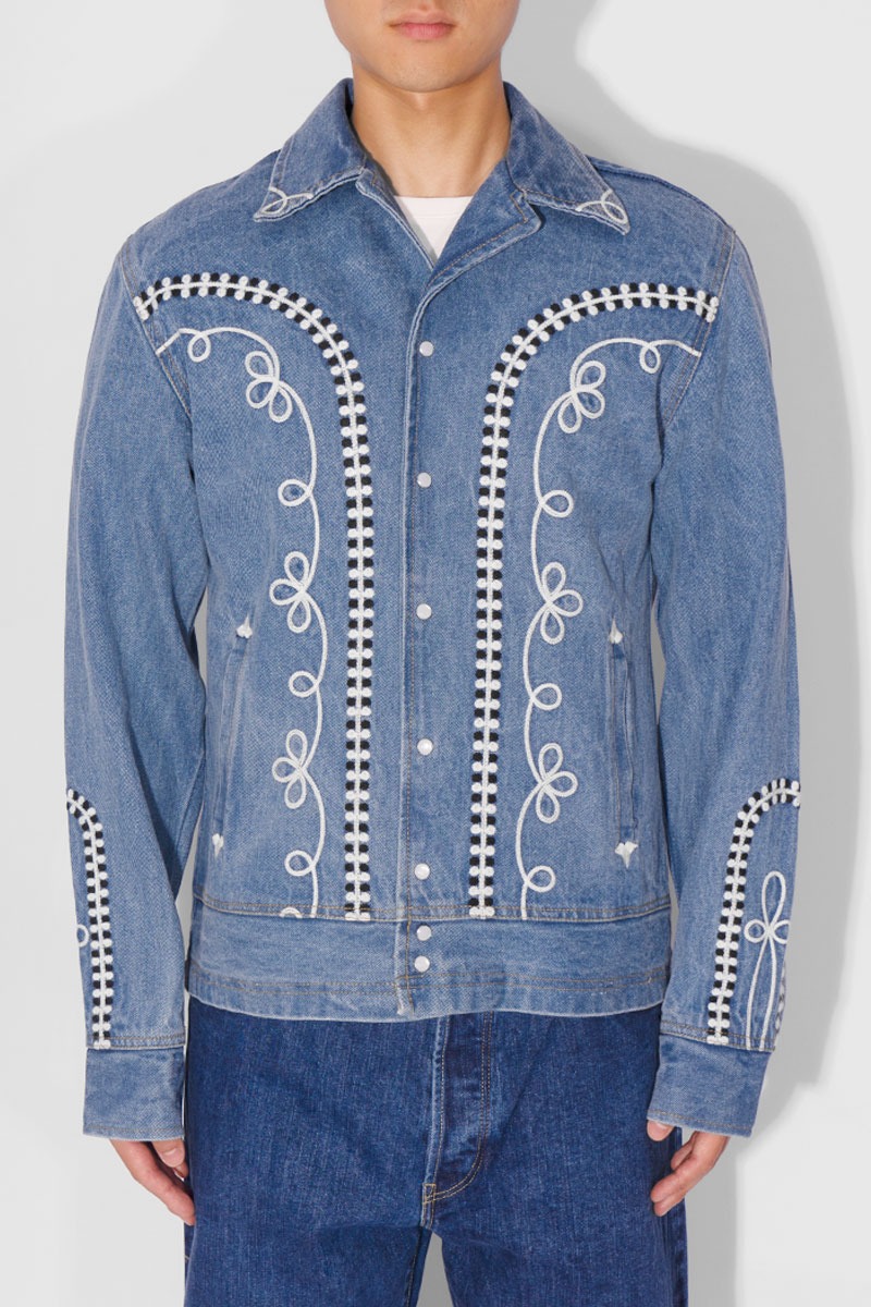 Men&#039;s Vintage Western Denim Bolero Jacket with White Rope Embroidery - DENIM