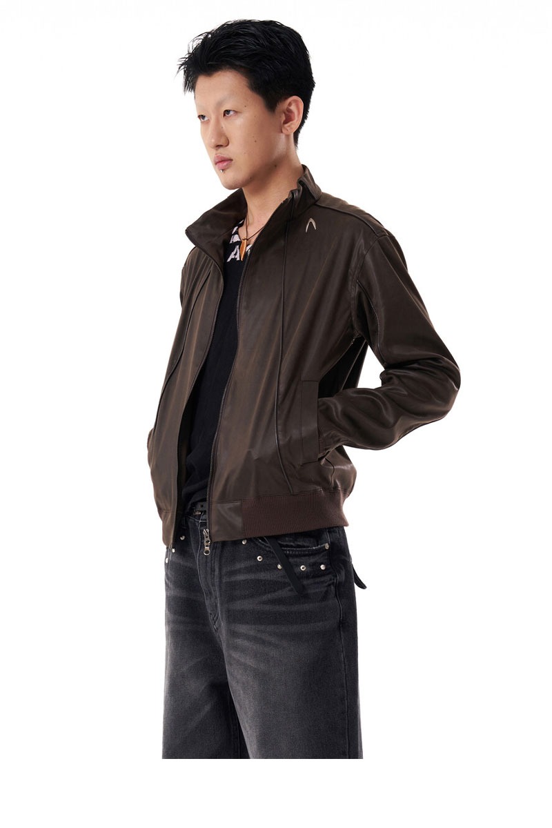 Piping Leather Blouson (Brown)