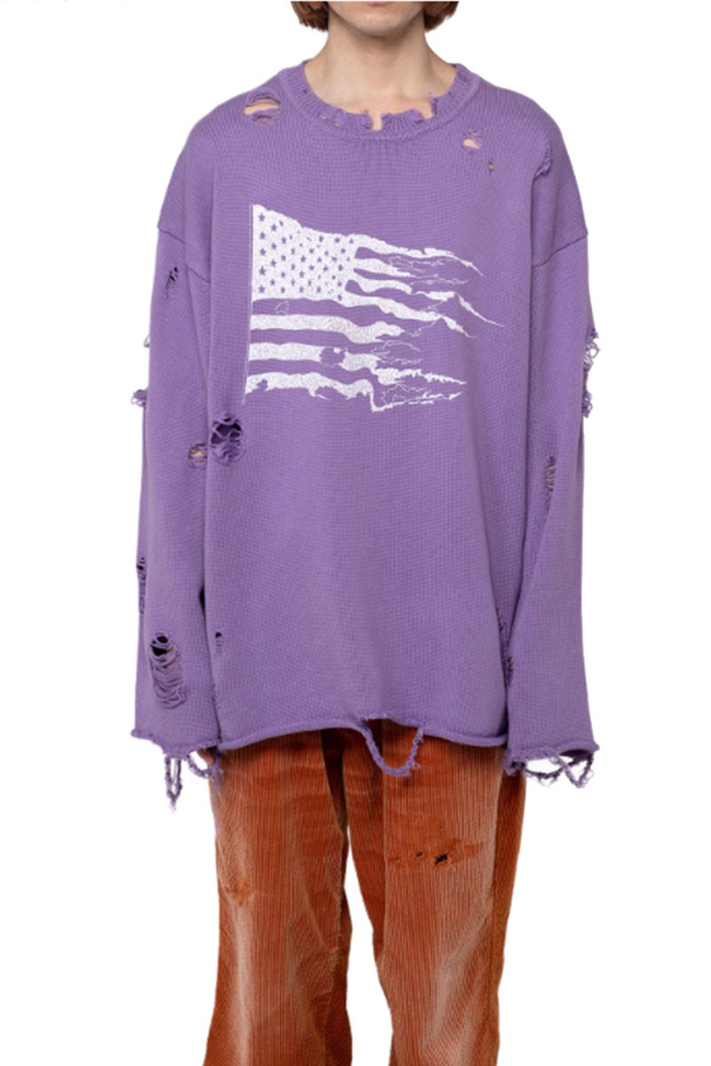 Destroyed Long Sleeve Knit T-shirt (PURPLE)